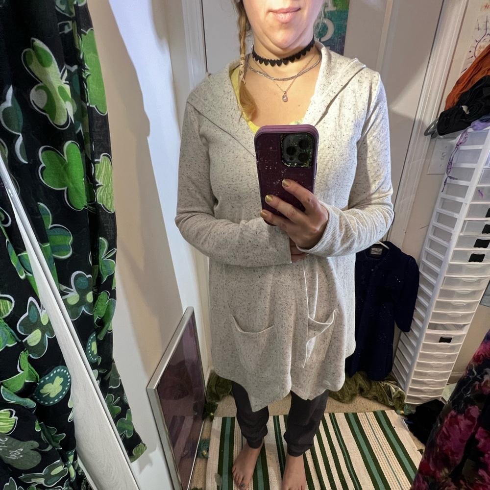 GORGEOUS COMFY OPEN FRONT CARDIGAN XL AEROPASTLE CREAM SPECKLE BLACK NATURAL EUC - Picture 1 of 17